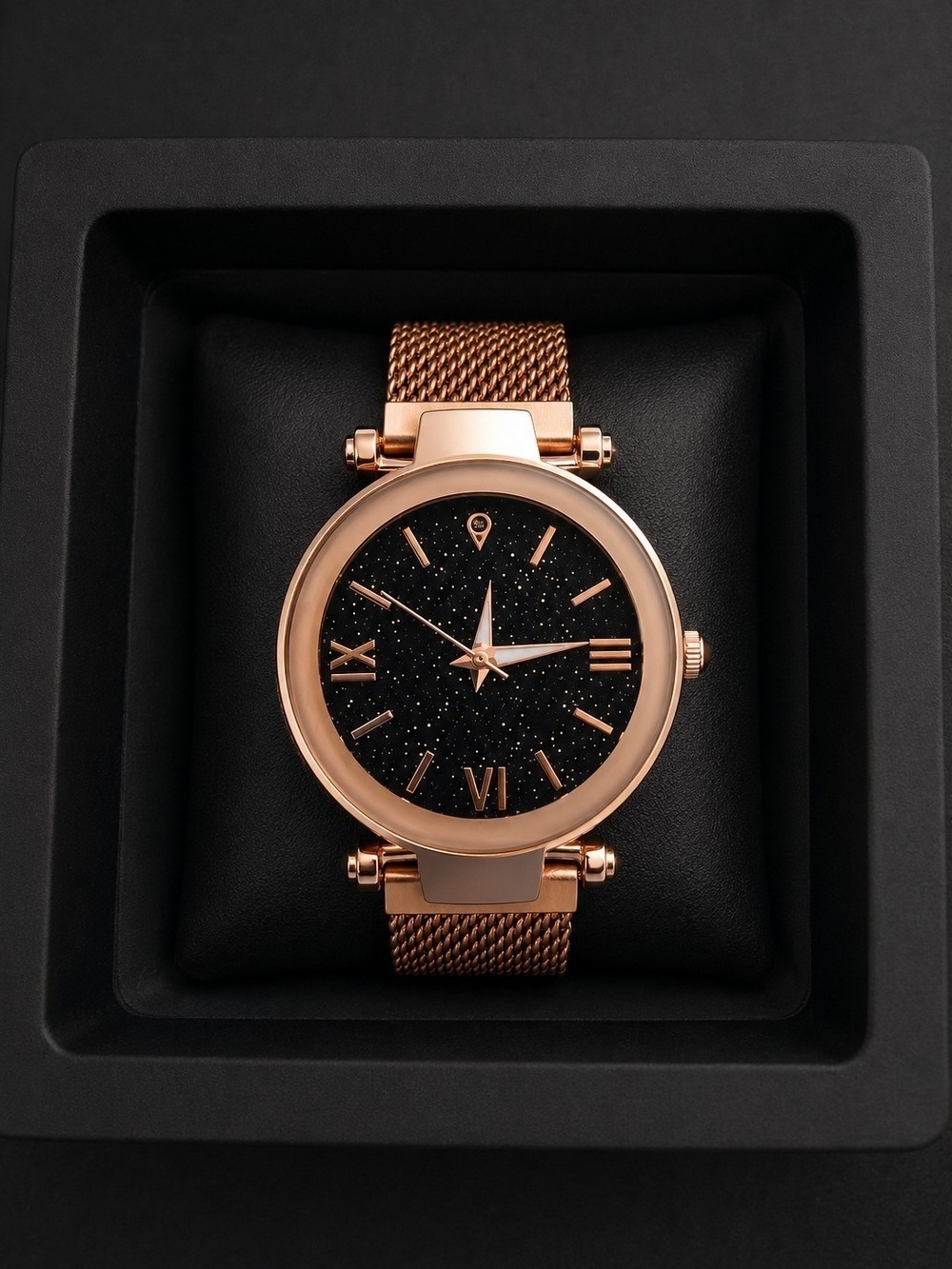 Women's Rose Gold Watch Black Dial Mesh Strap - Picture 6 of 6